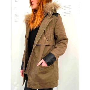 MAJE Cotton Raccoon Fur Trimmed Hood Olive Green Jacket Size Small